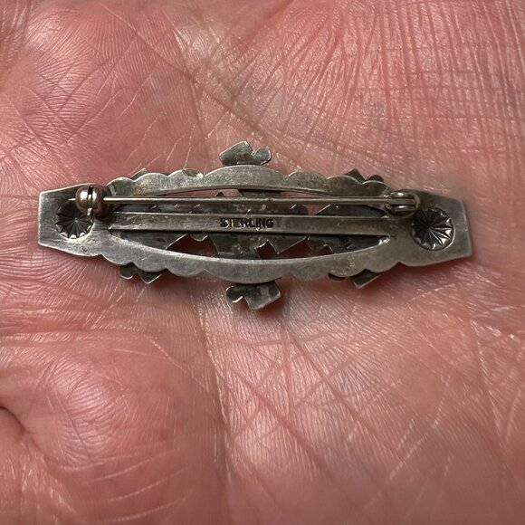 Circa 1940's Turquoise Snake Eyes Petit Point Sterling Silver 925 Brooch Pin - Picture 3 of 3